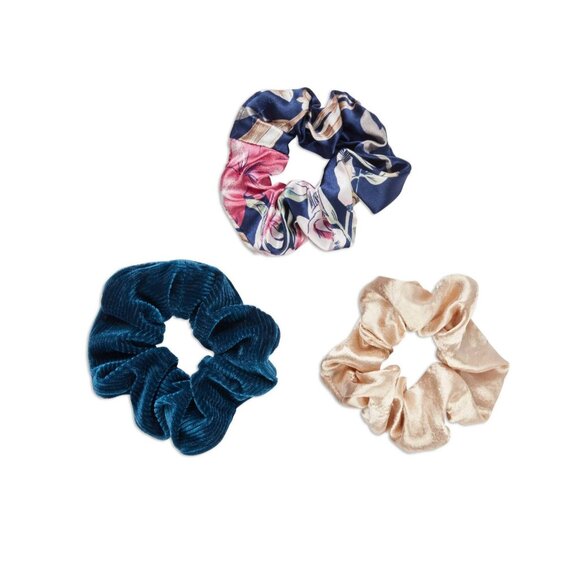 scunci Scrunchies 3pk Blue Print Gold Solid Teal Solid Damage Free 90s style - Picture 1 of 3